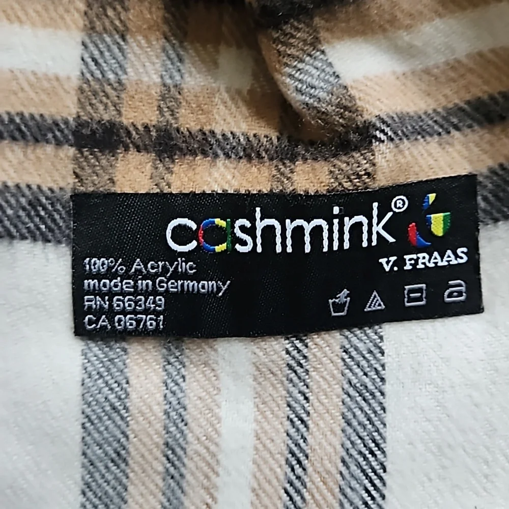 Cashmink plaid scarf, white, browns, red and black